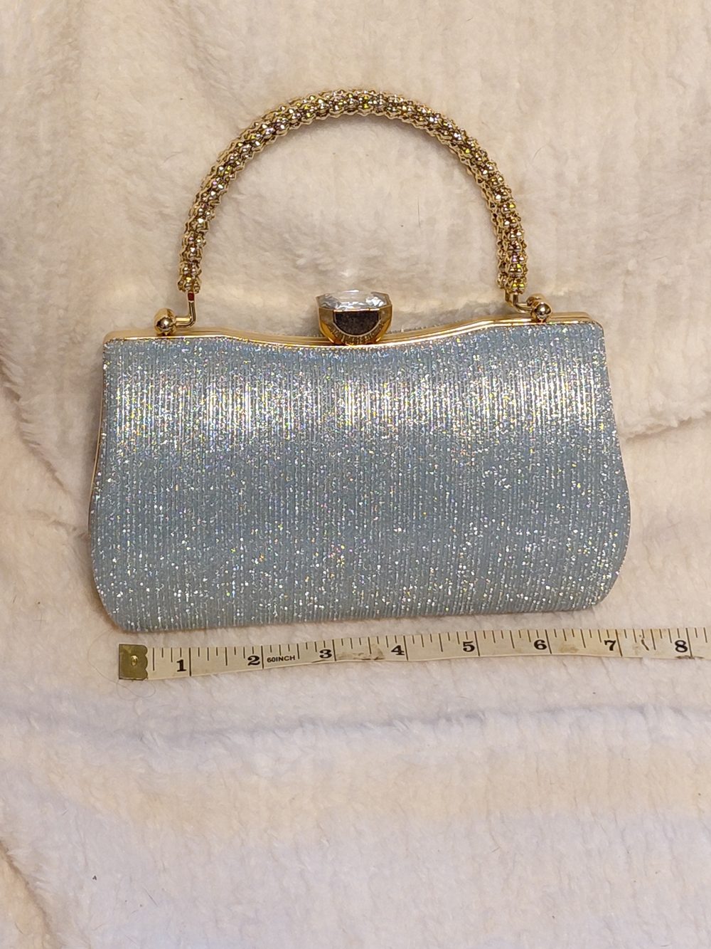 Elegant Glitter Top-Handle Evening Bag in Light Blue with Gold Accents
